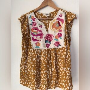 Savanna Jane Yellow Cheetah Print Embroidered  Flowy Top Women's Size Small Boho